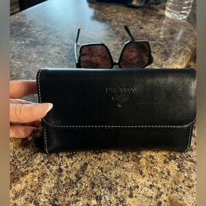 Prada Black Leather Wallet with White Stitching